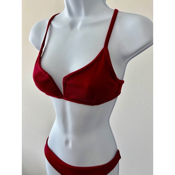 Ribbed Swimsuit 6 Bikini Plunge Neckline Athleisure Minimalist Chic Coquette - Picture 7 of 14